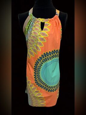 Aryeh Orange and Aqua Printed Midi Dress
